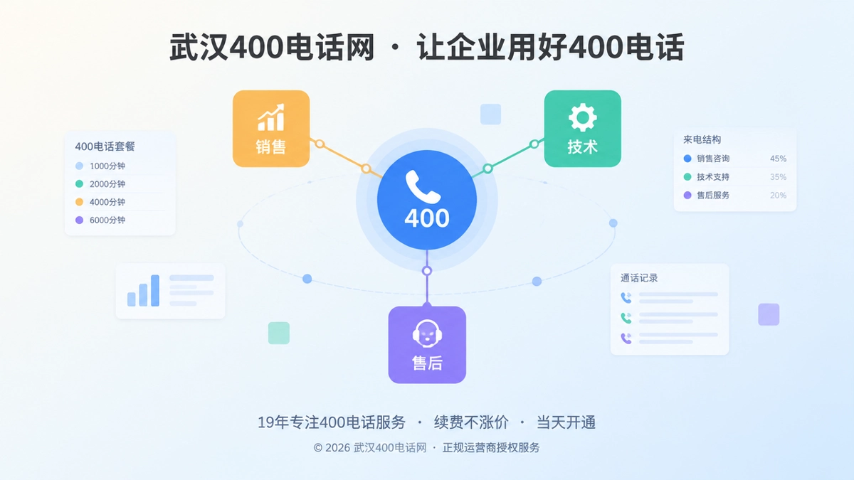 抽象场景式信息图，中央通信核心节点连接销售、技术、售后三个色块，代表400电话套餐与企业经营配置的对应关系