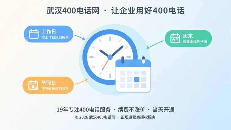 聚焦式构图：中央时钟与日历图形加分流箭头，代表400电话时间规则配置