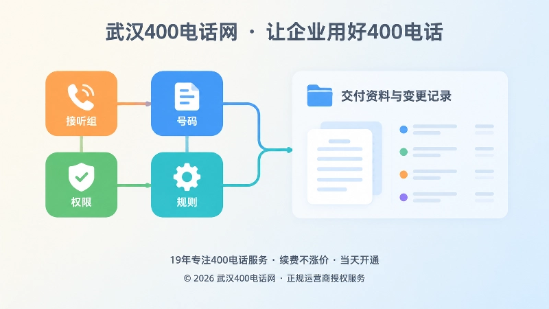 左图右文式构图：左侧管理节点图形与右侧留白区块，代表400电话配置留痕与交付记录